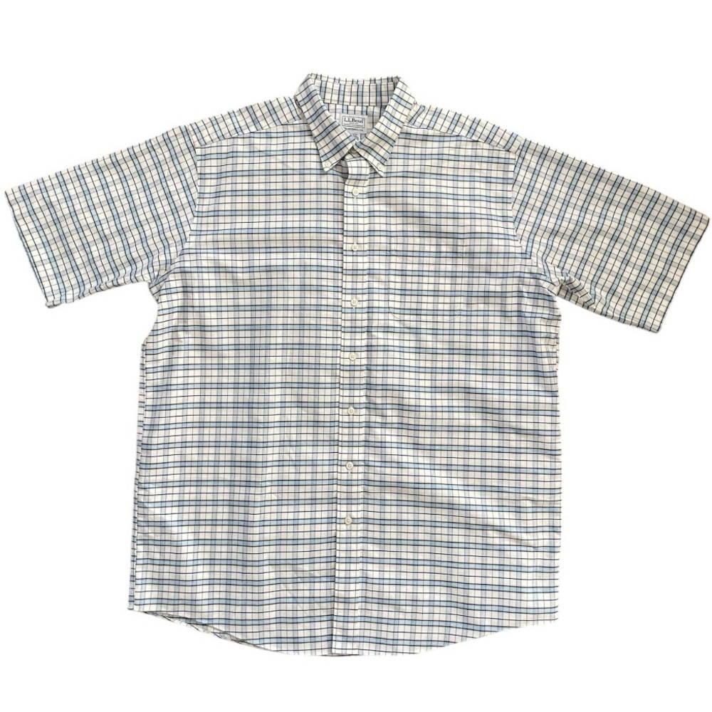 LL Bean Mens Button Down Blue Plaid Traditional Fit Short Sleeve 17 1/2 tall